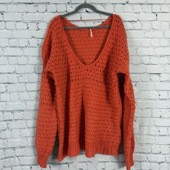 Free People Crashing Waves Pullover Chunky Knit Sweater Orange L - Picture 5 of 11